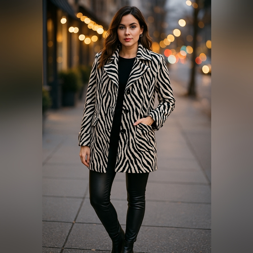 Anthracite‎ Zebra Print Pea Coat Tailored Cotton Jacket Black White 2 Statement